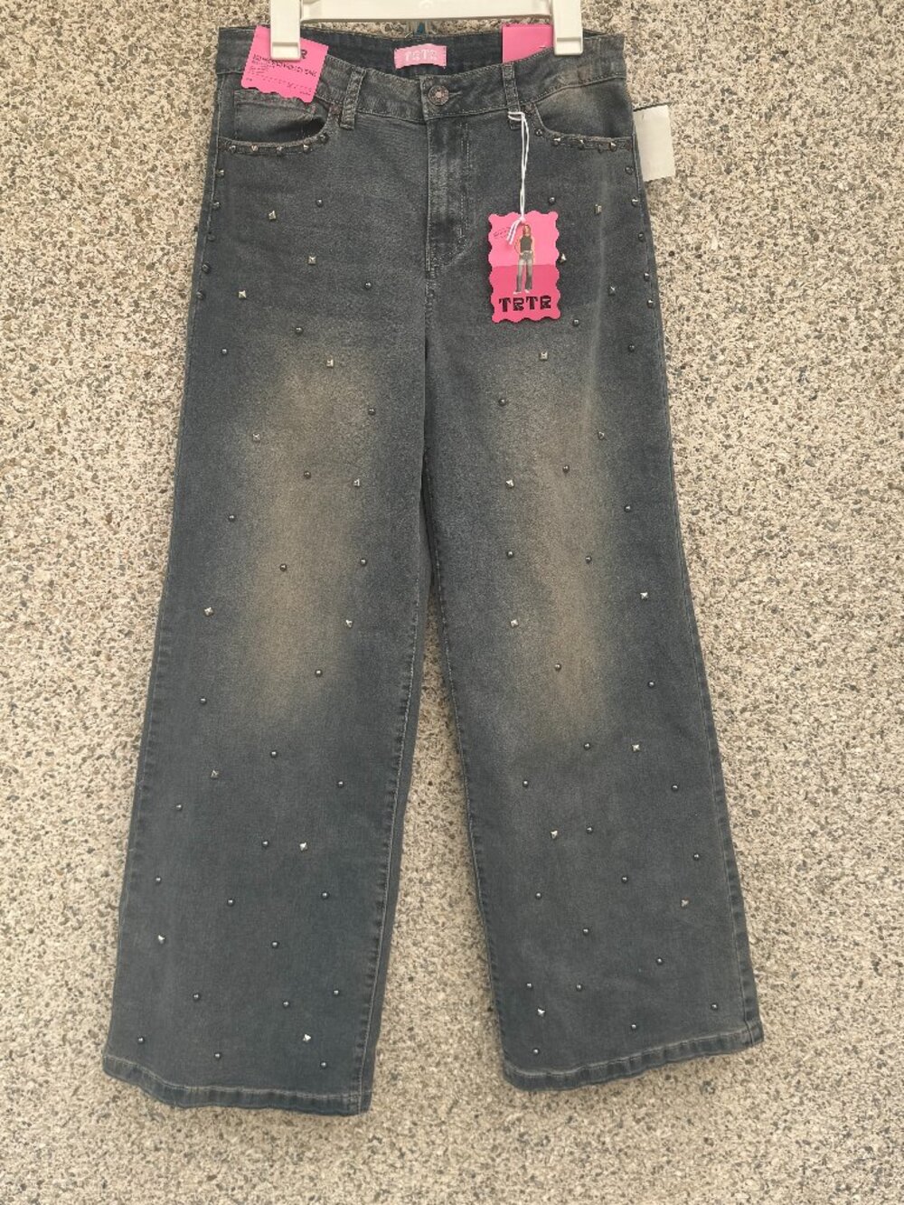 TRTR by Tractr High Rise Wide Leg Studded Jeans Gray-Blue Acid Wash NWT